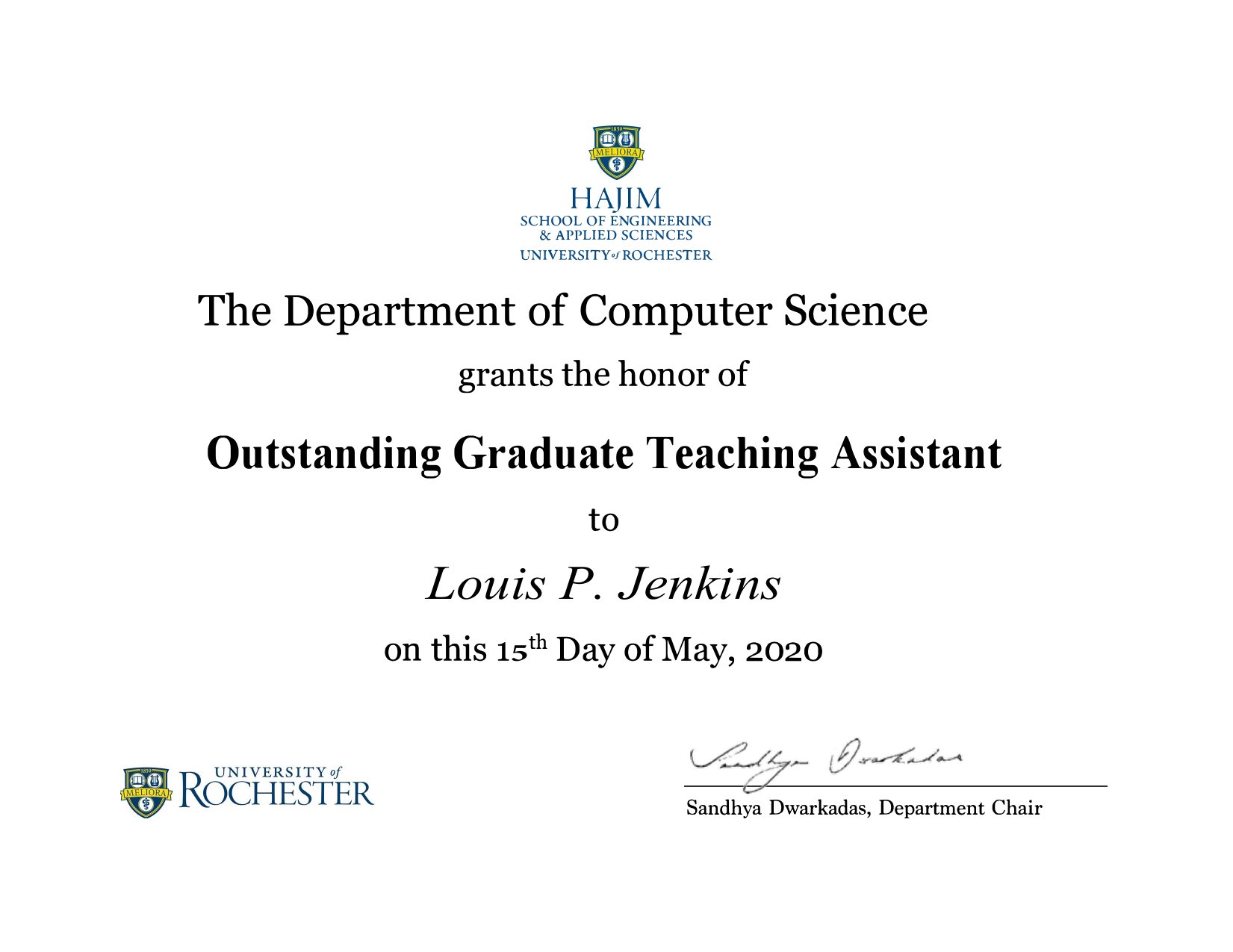 Departmental Outstanding Graduate Teaching Assistant Award